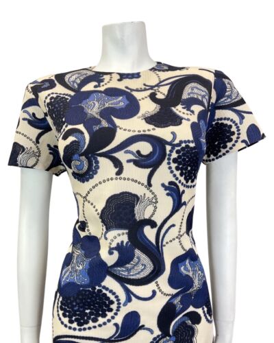 VINTAGE 60s 70s CREAM BLUE PSYCHEDELIC SWIRL FLORAL MOD SHORT DRESS 14 16
