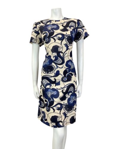 VINTAGE 60s 70s CREAM BLUE PSYCHEDELIC SWIRL FLORAL MOD SHORT DRESS 14 16
