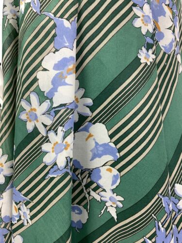VINTAGE 60s 70s GREEN CREAM BLUE STRIPED FLORAL DAGGER COLLAR SHIRT DRESS 12