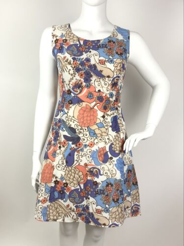 VTG 60s 70s WHITE PURPLE BLUE ORANGE FLORAL PSYCHEDELIC SUMMER DRESS 16 18