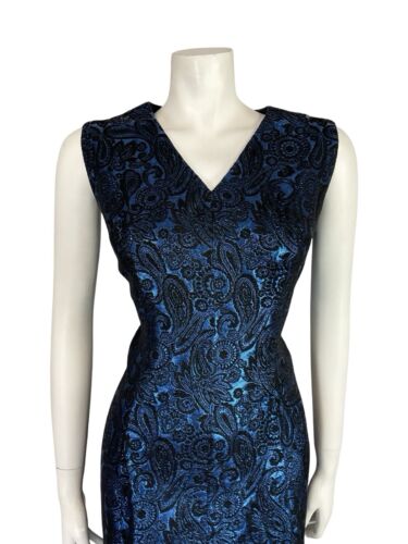 VTG 60S NAVY BLUE BLACK PAISLEY BROCADE N NECK SLEEVELESS PARTY MIDI DRESS 12