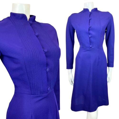 VINTAGE 60s 70s ROYAL PURPLE MANDARIN COLLAR SWING DRESS 8