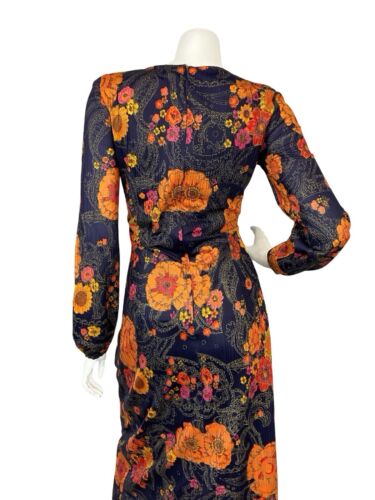 VTG 70S NAVY BLUE ORANGE FLORAL GOLD PAISLEY SQUARE NECK MAXI HIPPY DRESS 8