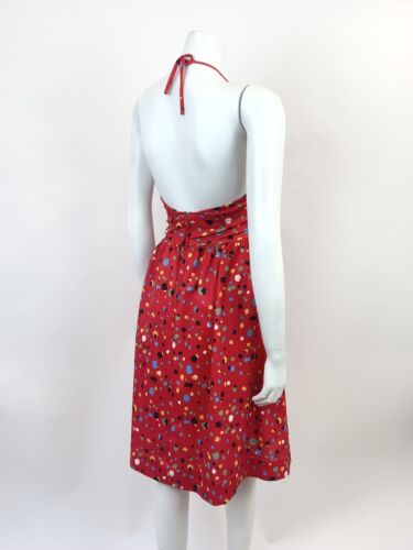 VTG 70s RED BLACK GREEN BLUE SPECKLED DOTTY HALTER SUMMER SUN DRESS 12 14