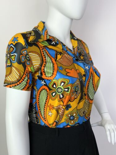 VTG 60s 70s YELLOW BLUE ORANGE PSYCHEDELIC FLORAL PAISLEY DAGGER SHIRT BLOUSE 16