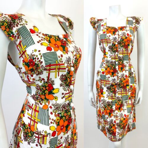 VTG 60s 70s WHITE ORANGE RED GREEN GEOMETRIC FLORAL MOD RUFFLE SHIFT DRESS 12 14