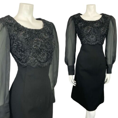 VTG 60S BLACK WOOL MESH BISHOP SLEEVE EMPIRE RIBBON LACE PARTY MINI DRESS 10 12