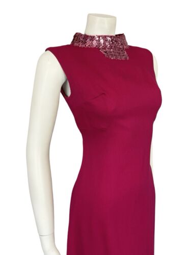 VTG 60S MOD RASPBERRY PINK SEQUIN COLAR SLEEVELESS SHIFT MINI PARTY DRESS S 8 10