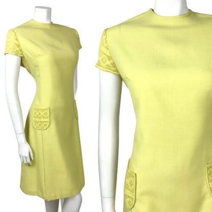 VINTAGE 60s 70s LEMON LIME YELLOW CROCHETED SUMMER DRESS 16 18