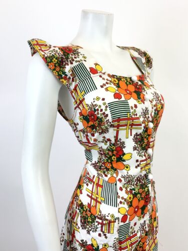 VTG 60s 70s WHITE ORANGE RED GREEN GEOMETRIC FLORAL MOD RUFFLE SHIFT DRESS 12 14