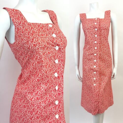 VTG 60s 70s RED WHITE FLORAL DITSY MOD BOHO PINAFORE SLEEVELESS SHIFT DRESS 8