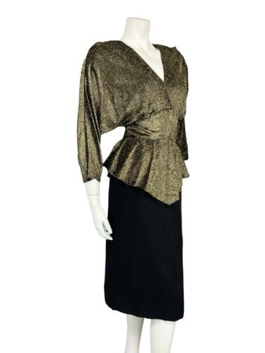 VTG 70S GOLD BLACK LUREX PLUNGING NECKLINE BATWING PEPLUM PARTY DISCO DRESS 10