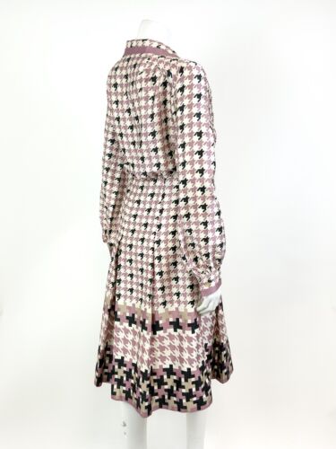 VTG 60s 70s WHITE PINK BLACK HOUNDSTOOTH MOD PLEATED DAGGER SHIRT DRESS 10 12