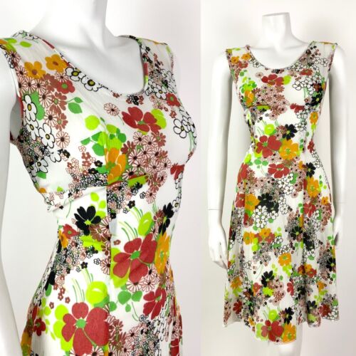 VTG 60s 70s WHITE GREEN RED BLACK FLORAL PSYCHEDELIC CREPE SUN DRESS 10 12