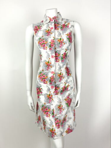 VTG 60s 70s WHITE PINK ORANGE GREEN EMBROIDERED FLORAL DAGGER SHIRT DRESS 12 14