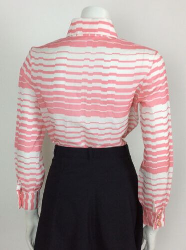 70s VTG PINK WHITE DAGGER COLLAR STRIPE PRINT SHIRT BLOUSE 12