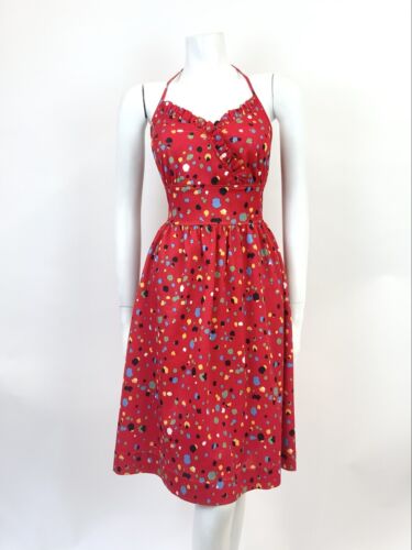 VTG 70s RED BLACK GREEN BLUE SPECKLED DOTTY HALTER SUMMER SUN DRESS 12 14