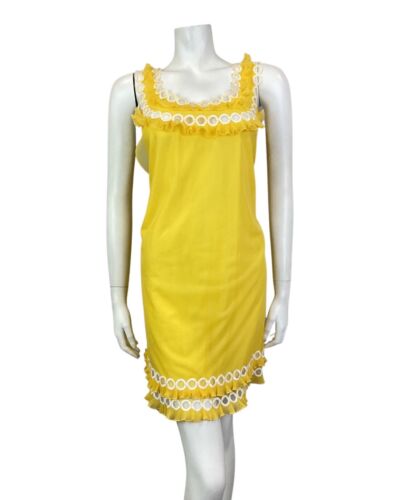 VTG 60s SUNSHINE YELLOW WHITE SHEER RUFFLED NIGHTGOWN HOUSECOAT CHEMISE DRESS 14