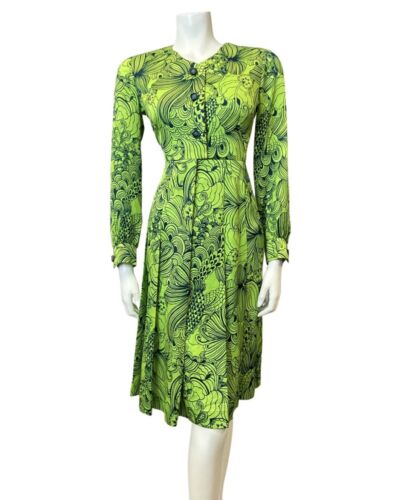 VINTAGE 60s 90s LIME GREEN BLUE PSYCHEDELIC LEAFY FLORAL LONG SLEEVE DRESS 8 10
