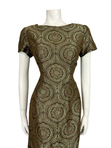 VTG 60S GREEN COPPER BROWN IRIDESCENT BROCADE PLUNGING BACK PARTY MINI DRESS 10