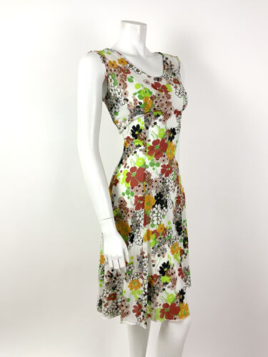 VTG 60s 70s WHITE GREEN RED BLACK FLORAL PSYCHEDELIC CREPE SUN DRESS 10 12