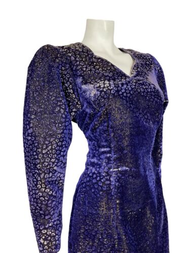 VTG 70S BLUE PURPLE GOLD LUREX VELVET MUTTON SLEEVE SWEETHEART PARTY DRESS 6