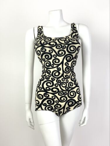 VTG 60s CREAM BLACK SWIRLING SCROLL MOD SWIM BODY BATHING SUIT 12 14