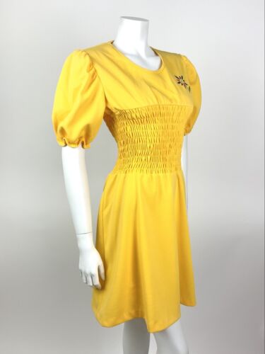 VTG 60s 70s SUMMER YELLOW EMBROIDERED FLOWER SHIRRED PUFF SLEEVE MOD DRESS 8 10