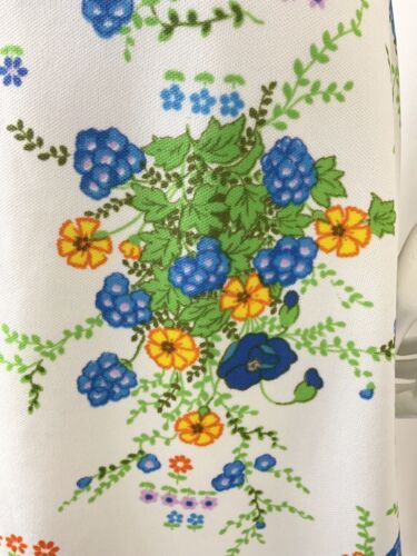 VINTAGE 60s 70s WHITE GREEN BLUE FLORAL BOUQUET SLEEVELESS SWING DRESS 16 18