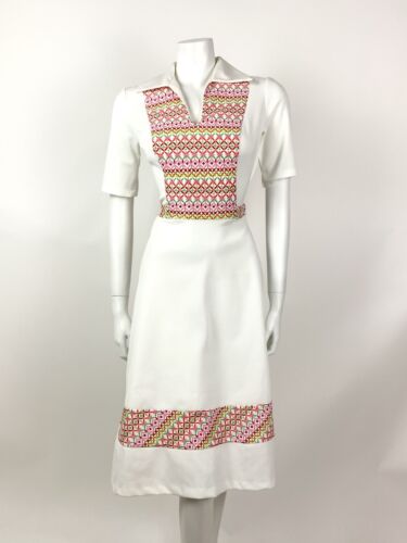 VTG 60s 70s WHITE PINK ORANGE GREEN GEOMETRIC MOD WING COLLAR SHIRT DRESS 10