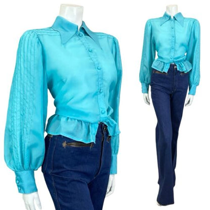 VTG 70S BRIGHT BLUE DAGGER COLLAR BISHOP SLEEVE ELASTICATED WAIST SHIRT S 8 10