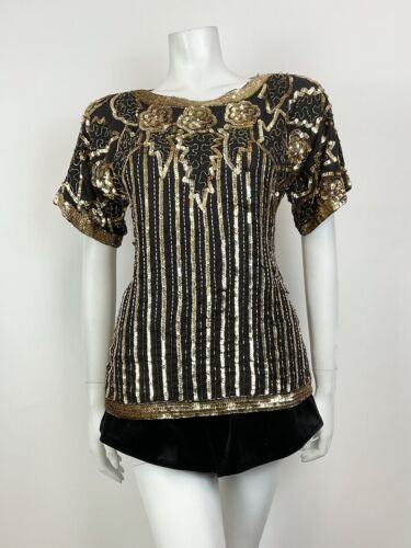 VTG 70s 80s BLACK GOLD FLORAL LEAF STRIPED SEQUIN BEADED DECO BLOUSE TOP 12 14