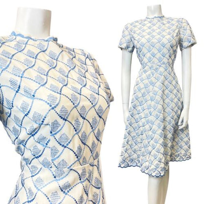 VINTAGE 60s 70s WHITE BLUE GEOMETRIC EMBROIDERED MOD SWING TEA DRESS 12