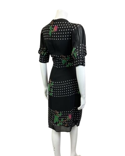 VINTAGE 60s 70s BLACK WHITE PINK FLORAL POLKA-DOT SHEER SUMMER DRESS 12