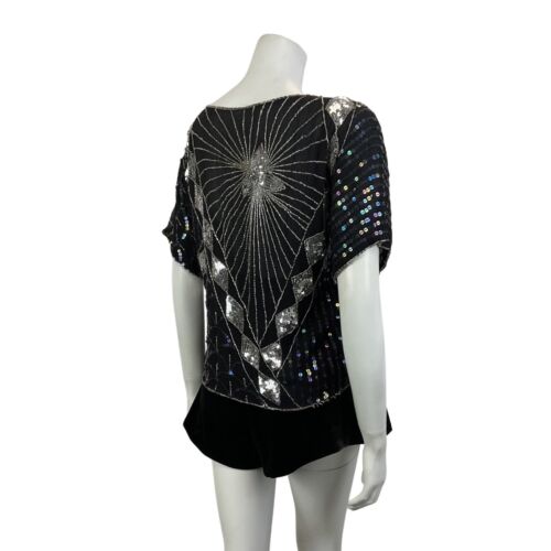 VTG 70s BLACK SILVER SEQUIN BEADED ART DECO SCALES GEOMETRIC DISCO TOP 16 18