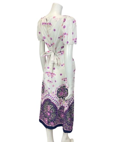 VTG 60s 70s WHITE PURPLE PINK FLORAL BOHO FOLK PUFF SLEEVE MIDI SUMMER DRESS 10