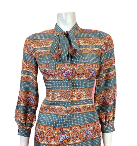 VINTAGE 60s 70s BLUE ORANGE PURPLE PSYCHEDELIC ACANTHUS PUSSYBOW SHIRT DRESS 12