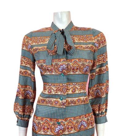 VINTAGE 60s 70s BLUE ORANGE PURPLE PSYCHEDELIC ACANTHUS PUSSYBOW SHIRT DRESS 12