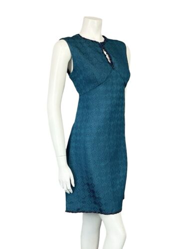 VTG 60S CHECKERBOARD EMBOSSED NAVY BEADED KEYHOLE SLEEVELESS MINI PARTY DRESS 10