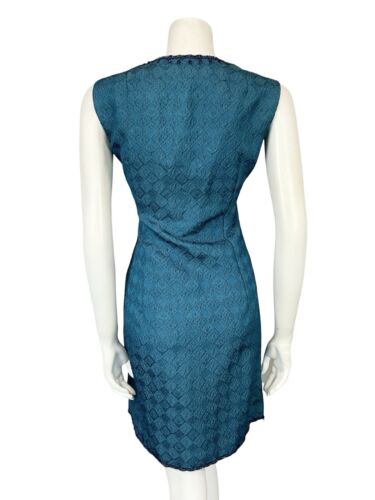 VTG 60S CHECKERBOARD EMBOSSED NAVY BEADED KEYHOLE SLEEVELESS MINI PARTY DRESS 10