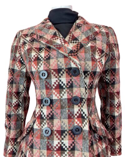 VTG 70s STYLE RED WHITE BROWN GEOMETRIC CHECKED MOD DOUBLE-BREASTED JACKET 10