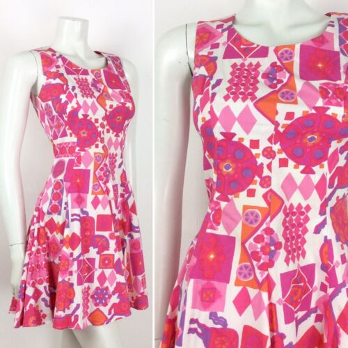 VINTAGE 60S 70S ABSTRACT GEOMETRIC DRESS PINK WHITE PURPLE ORANGE HORSES 6