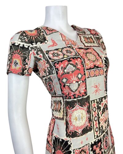 VINTAGE 60s 70s GREY BLACK RED PATCHWORK PSYCHEDELIC PAISLEY FLORAL MOD DRESS 10