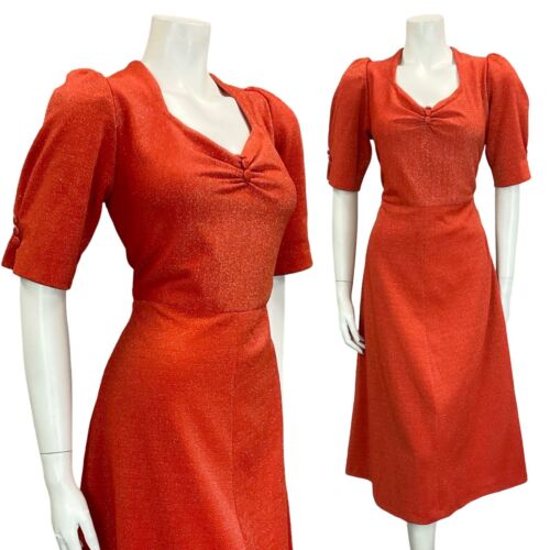 VTG 60S 70S RED SPARKLING SWEETHEART NECKLINE A LINE PARTY SWING DRESS 14