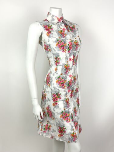 VTG 60s 70s WHITE PINK ORANGE GREEN EMBROIDERED FLORAL DAGGER SHIRT DRESS 12 14