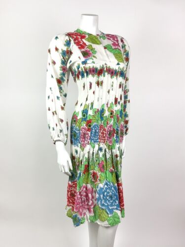 VTG 60s 70s WHITE PINK BLUE RED FLORAL EMPIRE LINE BOHO FOLK COTTON DRESS 8