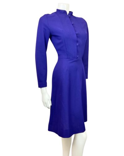 VINTAGE 60s 70s ROYAL PURPLE MANDARIN COLLAR SWING DRESS 8