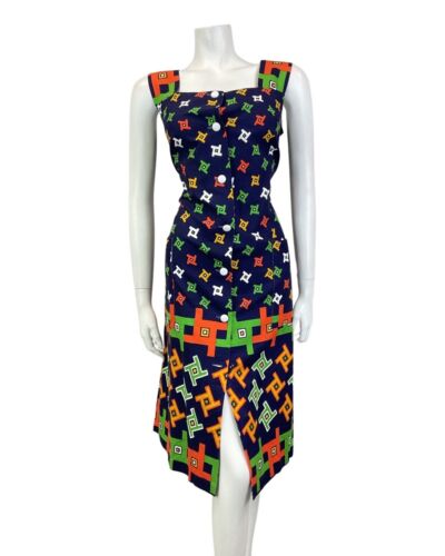 VINTAGE 60s 70s BLUE RED GREEN GEOMETRIC MOD SLEEVELESS DRESS 14