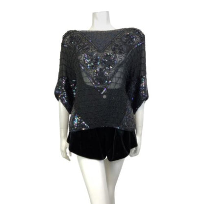 VTG 70s BLACK SEQUIN BEADED GEOMETRIC CHECKED DISCO GLAM SHEER SILK TOP 20 22