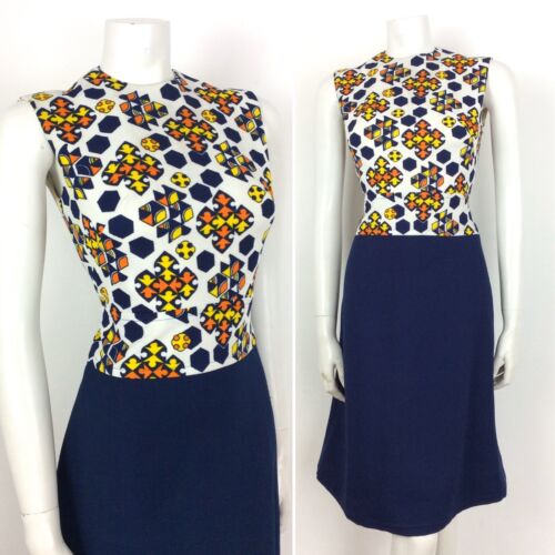 STUNNING VINTAGE 60S NAVY WHITE YELLOW ORANGE GEOMETRIC DRESS 10